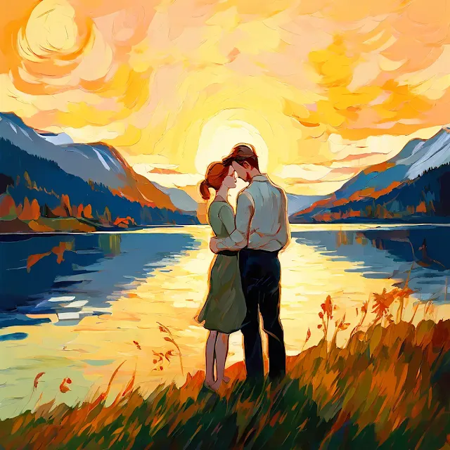 Enamorados en el campo junto a un lago. Arte digital