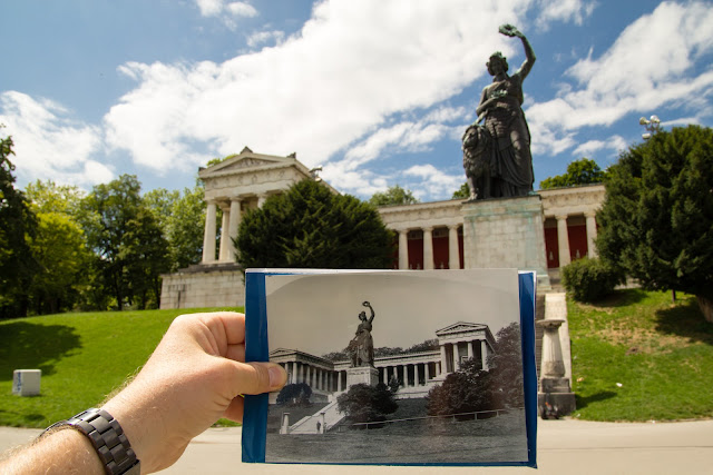 Bavaria mit Ruhmeshalle - um 1920/1930 und 2017 - Bild in Bild