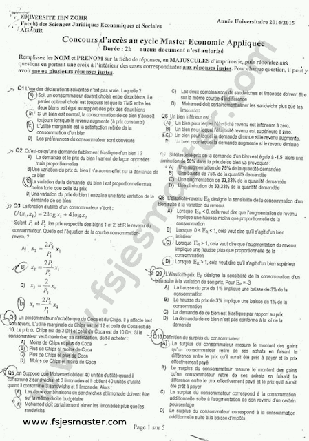 Exemple Concours Master Economie Appliquée 2014-2015 - Fsjes Ibn Zohr Agadir