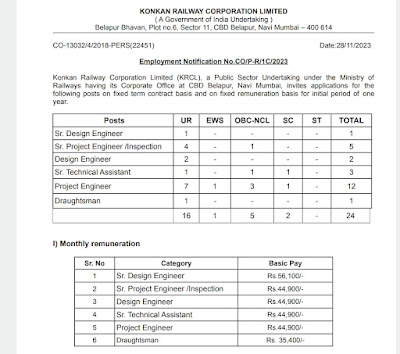 KRCL Recruitment 2023 Notification for 24 posts  KRCL Recruitment 2023 Notification for 24 posts | Check Walkin Dates: The Konkan Railway Corporation Limited (KRCL) has recently announced its recruitment drive for various positions, offering a total of 24 vacancies. The application process has already commenced, allowing interested candidates to apply offline for roles such as Sr. Design Engineer, Sr. Project Engineer/ Inspection, Design Engineer, and more. To streamline the selection process, KRCL has opted for Walkin Interviews scheduled on different dates from 14th December 2023 to 1st January 2024.