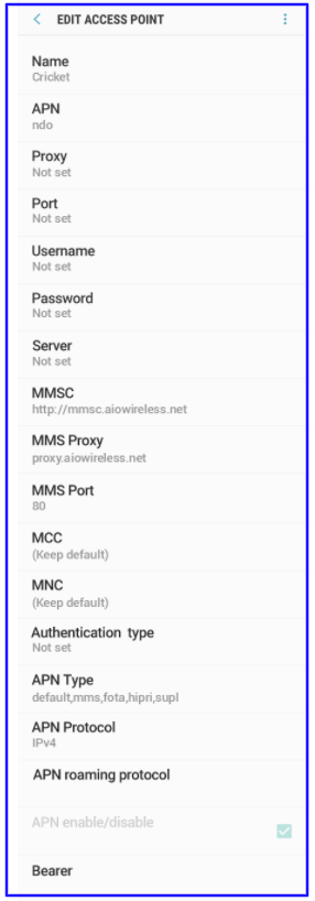 APN Settings for Cricket