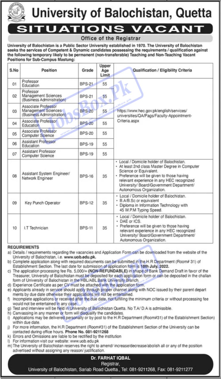 University of Balochistan UOB Jobs 2022 - www.uob.edu.pk - http://cem.uob.edu.pk Online Apply