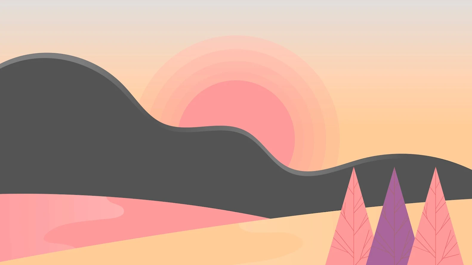 Pc wallpaper 4k of minimalist graphic design of a soft pastel sunset with abstract rolling hills in shades of dark grey, complemented by a trio of stylized pink and purple trees in the foreground.