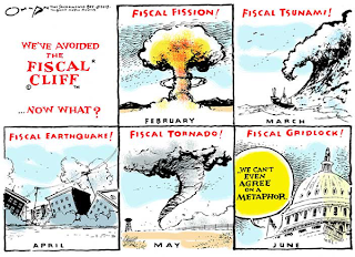 image: cartoon by Jack Ohman, "We've avoided the fiscal cliff..."