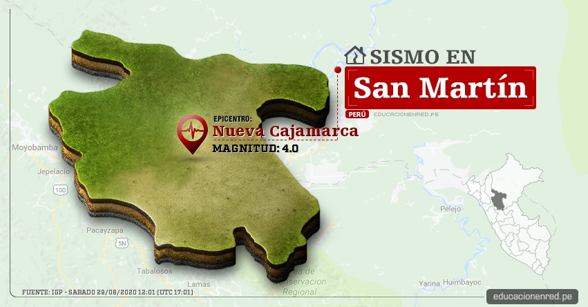 Temblor en San Martín de Magnitud 4.0 (Hoy Sábado 29 Agosto 2020) Sismo - Epicentro - Nueva Cajamarca - Rioja - IGP - www.igp.gob.pe