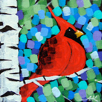 cardinal painting, paintings of spring cardinals, paintings of male and female cardinals, aaron kloss art painting, duluth art, minnesota landscape painting, pointillism