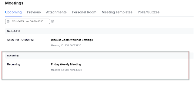 recurring meeting displayed as a single instance in the Zoom Portal