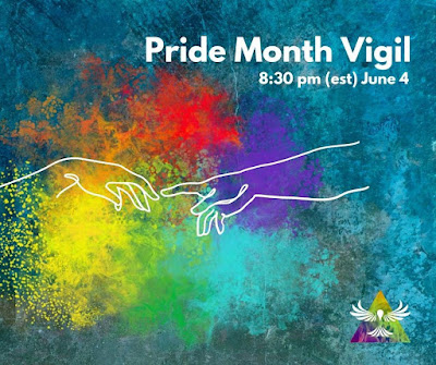 ID: against a turquoise background with splotches of rainbow color, a white line drawing shows two hands with pointing fingers reaching out to each other beneath the words Pride Month Vigil, 8:30pm (est) June 4th. The rainbow diakonia.faith logo is in the bottom right corner.