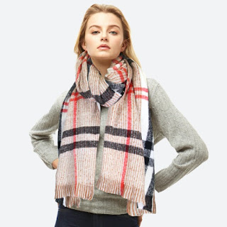 cream plaid cozy winter scarf with neon pink and black stripes