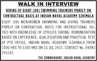 Indian Naval Academy, Ezhimala, WALK IN INTERVIEW FOR SWIMMER (WWW.TNGOVERNMENTJOBS.CO.IN)