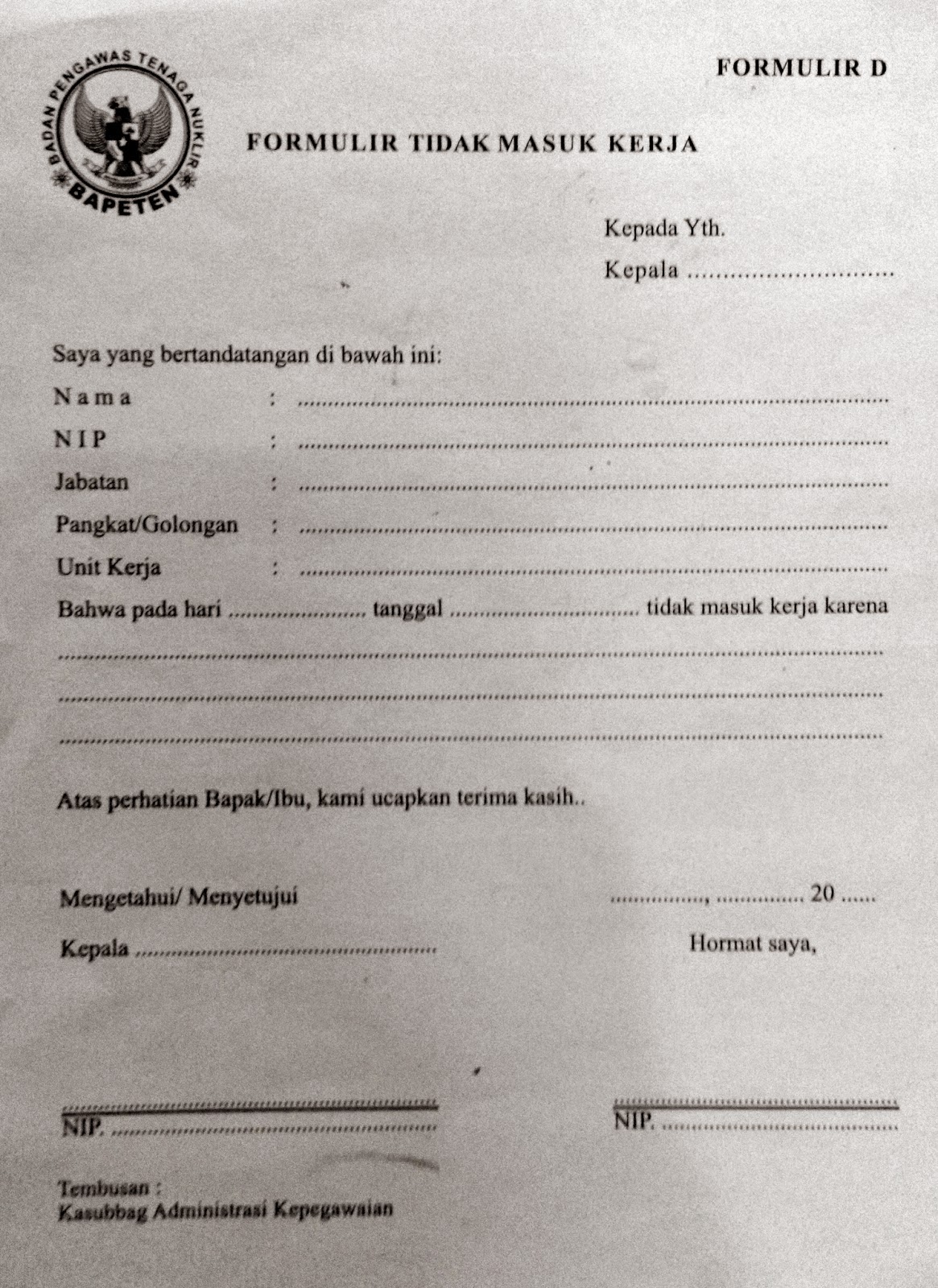 Contoh Surat / Formulir Tidak Masuk Kerja | Murad Maulana