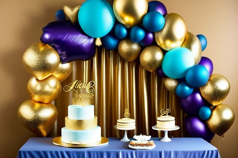 decoración con globos azul rey y dorado