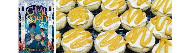 2 images, side-by-side: On the left is the cover of GHOST SQUAD by Claribel Ortega, and on the right is a close-up photo of a group of orange cookies with vanilla buttercream icing and a drizzle of orange glaze