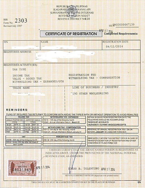 Certificate of Registration Form (BIR FORM 2303)