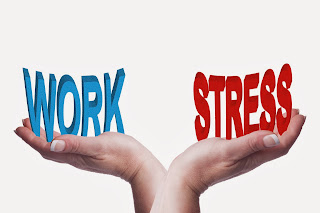 Illustration of hands, with one holding the word stress and the other holding the word work.