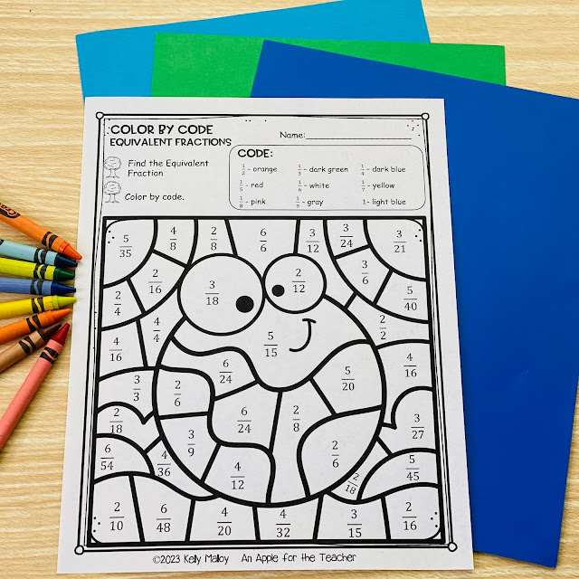 Earth Day color by number equivalent fractions worksheet
