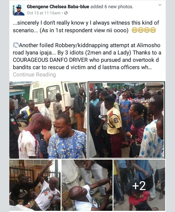 Photos: Suspected female robber and her male accomplices nabbed, beaten to pulp in Lagos