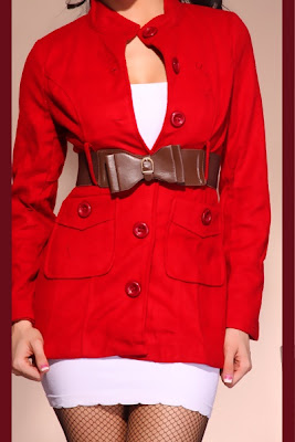 RED FLEECE BUTTONED BELTED POCKET JACKET COAT 