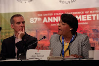 Mayors LaToya Cantrell of New Orleans and Eric Garcetti of Los Angeles were among the leaders attending the U.S. Conference of Mayors. The group, representing hundreds of U.S. cities, voiced support for several climate change-related resolutions. (Credit: U.S. Conference of Mayors) Click to Enlarge.