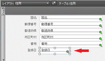 レイアウトモードにし、日付型フィールドを選択します