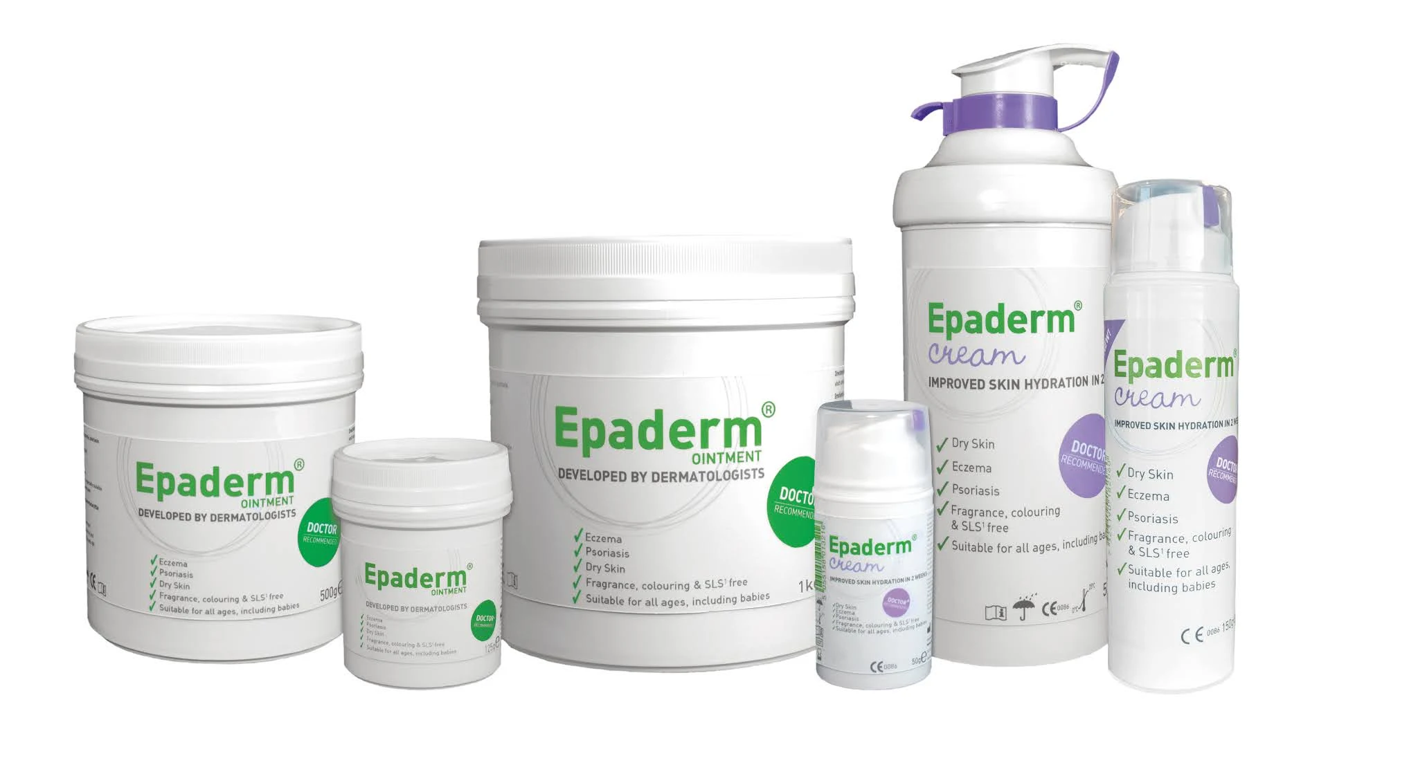 3 varying sizes tubs of Epaderm ointment and 3 tubes of Epaderm Cream