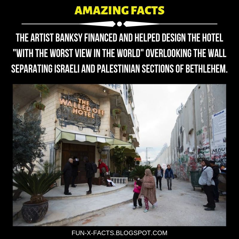 Amazing WTF Facts.Amazing WTF Facts. The artist Banksy financed and helped design the hotel 'with the worst view in the world' overlooking the wall separating Israeli and Palestinian sections of Bethlehem.