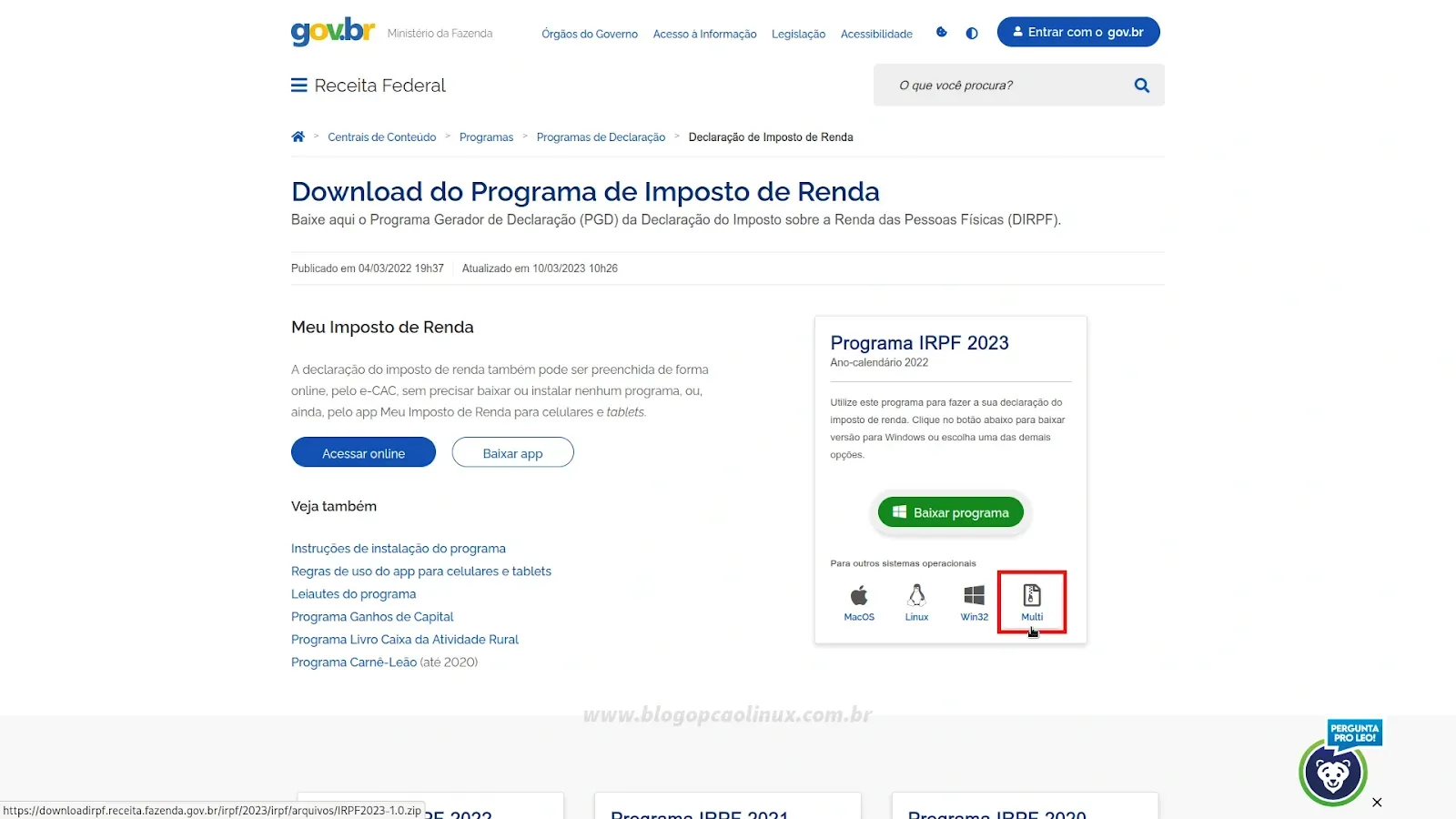 Página de download do Programa Gerador do Imposto de Renda 2023 Multiplataforma (em março de 2023)