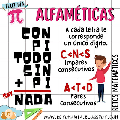 Desafíos matemáticos, Retos matemáticos, Problemas matemáticos, Problemas de lógica, Problemas de ingenio, Criptoaritmética, Criptograma, Criptosuma, Juego de letras, Suma de letras, Suma de palabras, Pi, Día pi, Día mundial de las matemáticas, Día Internacional de las matemáticas