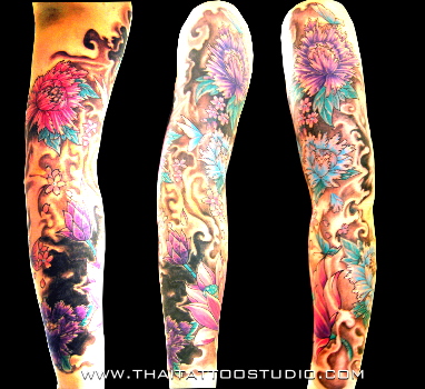 Right Arm Sleeve Tattoo Japanese Tattoo skull and japanese flowers