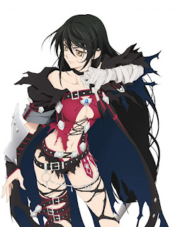 Tales of Berseria Velvet Crowe, a fair-skinned woman with very long black hair and torn, skintight clothes.