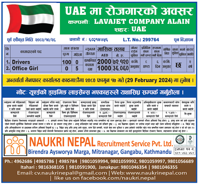 Jobs in UAE for Nepali, salary up to NRs 72,120