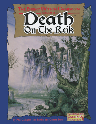 The cover of WFRP: Death on the Reik. Three bestial, green furred figures take up the foreground, an oblivious spear armed guard with his back to them. The rest of the scene is taken up by a vast, otherworldly castle and the river running at its base, a single boat traversing it.