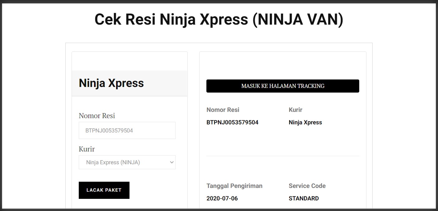 contoh cek resi kurir NINJA di Karinov