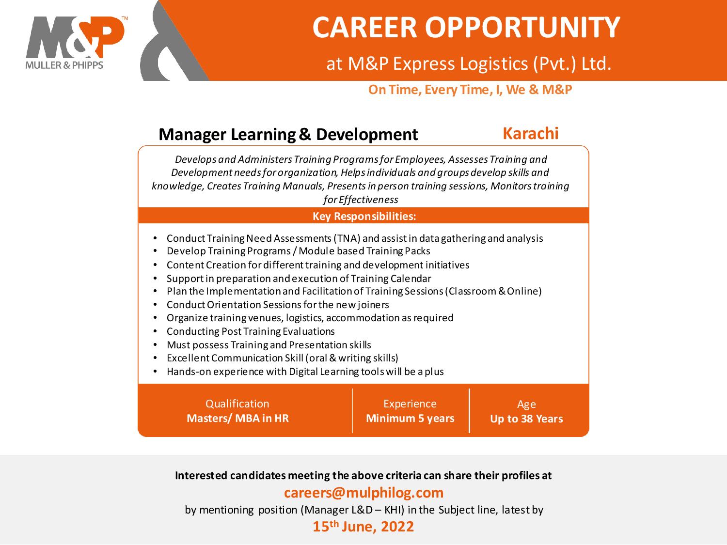 Manager Learning & Development opportunity at M&P Express Logistics