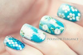 Floral flower nail art white roses daisy flowers blue gradient nail polish glequins