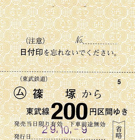 東武鉄道　常備軟券乗車券36　小泉線　篠塚駅(2017年)