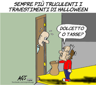 halloween, travestimenti, paura, horror, tasse, vignetta, satira