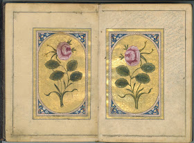 An open page showing two enclosed and illuminated illustrations of single roses.