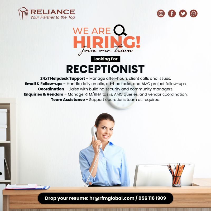 Hiring: Female Receptionist | Reliance FM |  Latest Jobs In Dubai 2025
