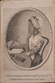 A portrait of Phillis Wheatley seated at a desk, writing with a quill. The caption notes that she is a "servant" to John Wheatley.