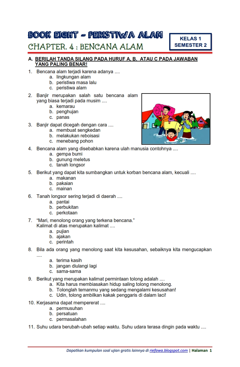 Download Soal Tematik Kelas  1 Semester 2 Tema 8  Subtema 4 