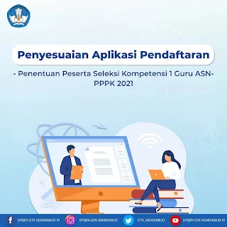 Penyesuaian aplikasi pendaftaran seleksi Guru ASN-PPPK Tahun 2021 terkait penentuan individu peserta yang dapat mengikuti seleksi kompetensi pertama, dapat dilakukan dengan penyesuaian / reset pendaftaran.