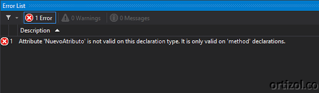 Mensaje de error al tratar de usar el atributo `NuevoAtributo` sobre una clase