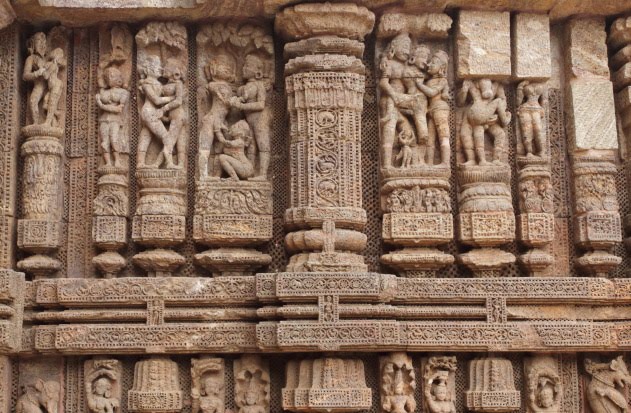 Erotica portrayed on the walls of the Sun Temple, Konark, India