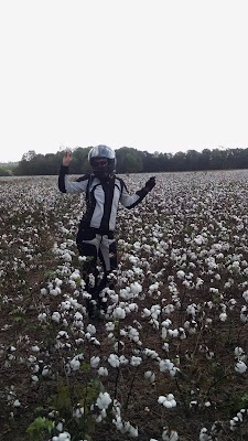 Skipper poses in the middle of a cotton field, wearing full motorcycle gear