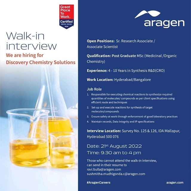 Aragen life sciences | Walk-in interview for Discovery Chemistry at Hyderabad on 21st Aug 2022
