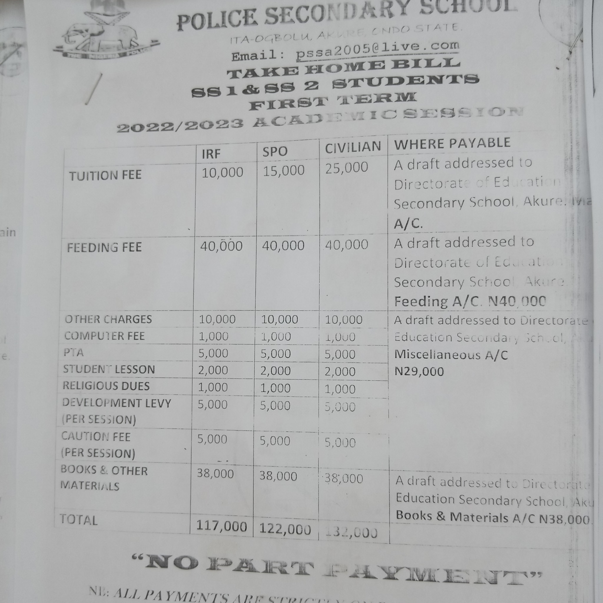 Police Secondary Schools School Fees Schedule 2022/2023