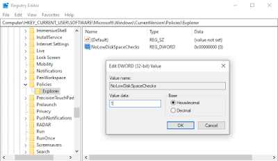 Regedit - NoLowDiskSpaceChecks