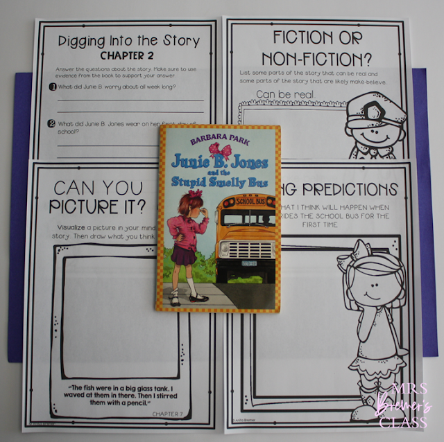 Junie B Jones and the Stupid Smelly Bus book study activities unit with Common Core aligned literacy companion activities in First Grade & Second Grade