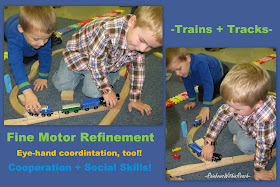 preschool boys, trains, track, fine motor, sharing, playing, eye hand coordination